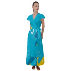 Blue Yellow Abstraction, Creative Backgroun Flutter Sleeve Maxi Dress