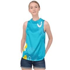 Blue Yellow Abstraction, Creative Backgroun High Neck Satin Top