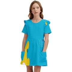 Blue Yellow Abstraction, Creative Backgroun Kids  Frilly Sleeves Pocket Dress