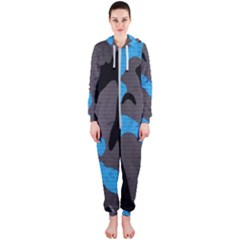 Blue, Abstract, Black, Desenho, Grey Shapes, Texture Hooded Jumpsuit (ladies)