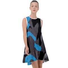 Blue, Abstract, Black, Desenho, Grey Shapes, Texture Frill Swing Dress