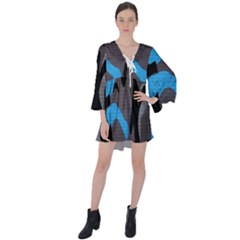 Blue, Abstract, Black, Desenho, Grey Shapes, Texture V-neck Flare Sleeve Mini Dress