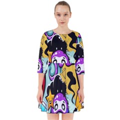 Cartoon Graffiti, Art, Black, Colorful, Wallpaper Smock Dress