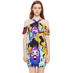 Cartoon Graffiti, Art, Black, Colorful, Wallpaper Shoulder Frill Bodycon Summer Dress
