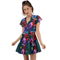 Falling Flowers, Art, Coffee Cup, Colorful, Creative, Cup Flutter Sleeve Wrap Dress