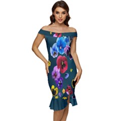 Falling Flowers, Art, Coffee Cup, Colorful, Creative, Cup Off Shoulder Ruffle Split Hem Bodycon Dress