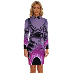 Fingerprint Astro, Amoled, Astronaut, Black, Dark, Oled Long Sleeve Shirt Collar Bodycon Dress