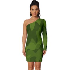 Green Camouflage, Camouflage Backgrounds, Green Fabric Long Sleeve One Shoulder Mini Dress
