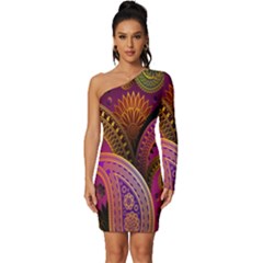 Paisley Pattern, Abstract Colorful, Texture Background, Hd Long Sleeve One Shoulder Mini Dress