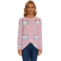 Cute Cat Cartoon Doodle Seamless Pink Pattern Long Sleeve Crew Neck Pullover Top