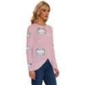 Cute Cat Cartoon Doodle Seamless Pink Pattern Long Sleeve Crew Neck Pullover Top View3
