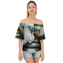Canvas Oil Painting Two Peacock Off Shoulder Short Sleeve Top