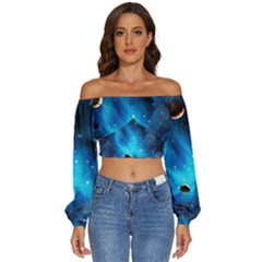 3d Universe Space Star Planet Long Sleeve Crinkled Weave Crop Top
