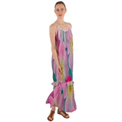 Pink Neon Flowers, Flower Cami Maxi Ruffle Chiffon Dress