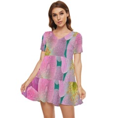 Pink Neon Flowers, Flower Tiered Short Sleeve Babydoll Dress