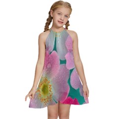 Pink Neon Flowers, Flower Kids  Halter Collar Waist Tie Chiffon Dress