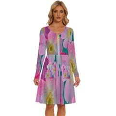 Pink Neon Flowers, Flower Long Sleeve Dress With Pocket