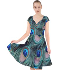 Peacock-feathers,blue2 Cap Sleeve Front Wrap Midi Dress