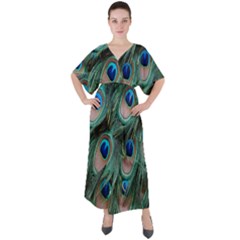 Peacock-feathers,blue2 V-neck Boho Style Maxi Dress