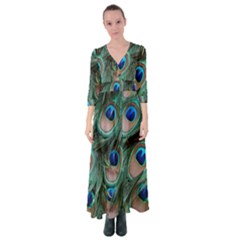 Peacock-feathers,blue2 Button Up Maxi Dress