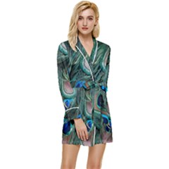 Peacock-feathers,blue2 Long Sleeve Satin Robe