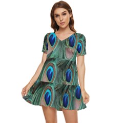 Peacock-feathers,blue2 Tiered Short Sleeve Babydoll Dress
