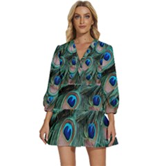 Peacock-feathers,blue2 V-neck Placket Mini Dress