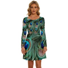 Peacock-feathers,blue2 Long Sleeve Wide Neck Velvet Dress