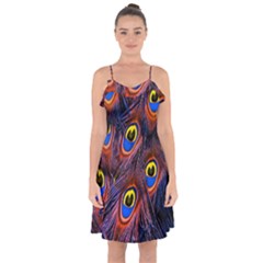 Peacock-feathers,blue,yellow Ruffle Detail Chiffon Dress