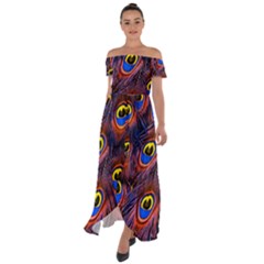 Peacock-feathers,blue,yellow Off Shoulder Open Front Chiffon Dress