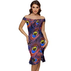 Peacock-feathers,blue,yellow Off Shoulder Ruffle Split Hem Bodycon Dress