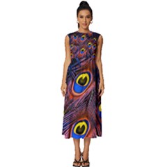 Peacock-feathers,blue,yellow Sleeveless Round Neck Midi Dress
