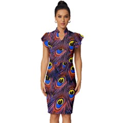 Peacock-feathers,blue,yellow Vintage Frill Sleeve V-neck Bodycon Dress