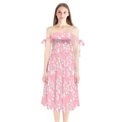 Pink Texture With White Flowers, Pink Floral Background Shoulder Tie Bardot Midi Dress