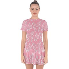 Pink Texture With White Flowers, Pink Floral Background Drop Hem Mini Chiffon Dress