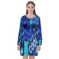 Really Cool Blue, Unique Blue Long Sleeve Chiffon Shift Dress 