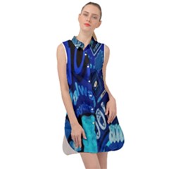 Really Cool Blue, Unique Blue Sleeveless Shirt Dress