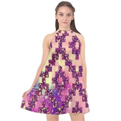 Cute Glitter Aztec Design Halter Neckline Chiffon Dress 