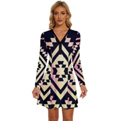 Cute Neon Aztec Galaxy Long Sleeve Deep V Mini Dress 