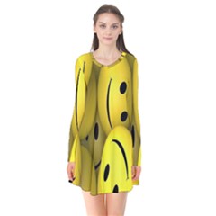 Emoji, Colour, Faces, Smile, Wallpaper Long Sleeve V-neck Flare Dress