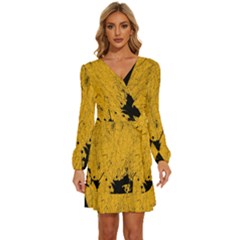 Yellow Best, Black, Black And White, Emoji High Long Sleeve Waist Tie Ruffle Velvet Dress