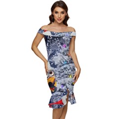 Minions Christmas, Merry Christmas, Minion Christmas Off Shoulder Ruffle Split Hem Bodycon Dress