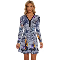 Minions Christmas, Merry Christmas, Minion Christmas Long Sleeve Deep V Mini Dress 