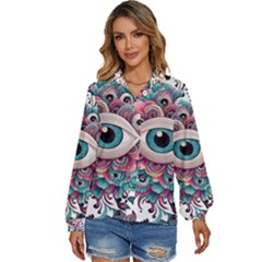 Eyes Pattern Women s Long Sleeve Button Up Shirt