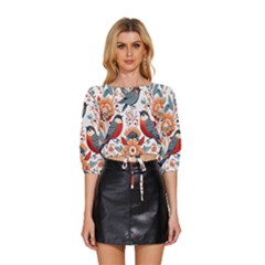 Birds Mid Sleeve Drawstring Hem Top