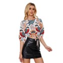 Birds Mid Sleeve Drawstring Hem Top View3