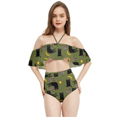 Cat Cartoon Cats Animal Pattern Halter Flowy Bikini Set 