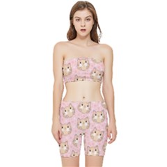 Cat Pattern Pink Cartoon Stretch Shorts And Tube Top Set