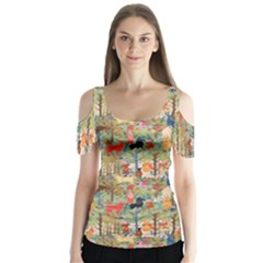 Animal Forest Pattern Butterfly Sleeve Cutout T-shirt 