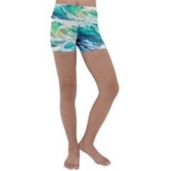 Waves Ocean Sea Tsunami Nautical Painting Kids  Lightweight Velour Yoga Shorts
